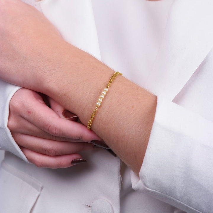 Pulseira Pypper Dourada Dupla Elo Português com Pérolas