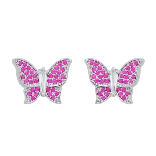 Conjunto Solara Prateado de Borboletas Cravejado de Zircônia Rosa