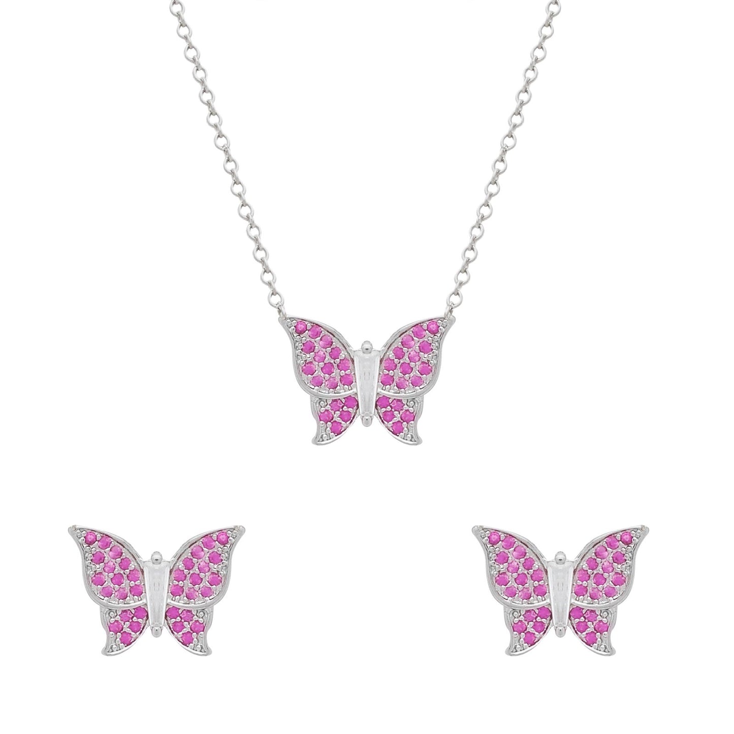 Conjunto Solara Prateado de Borboletas Cravejado de Zircônia Rosa