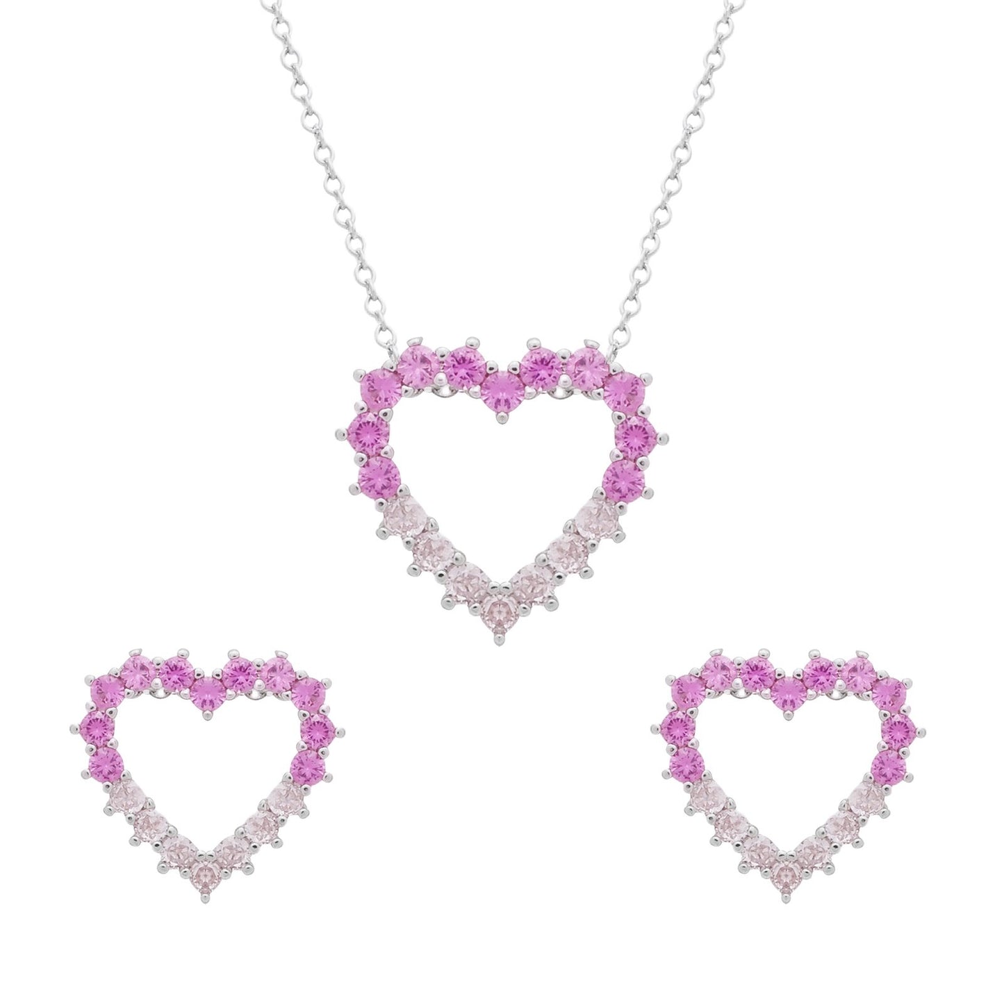 Conjunto Samira Prateado de Coração Vazado Cravejado de Zircônia Rosa Dois Tons