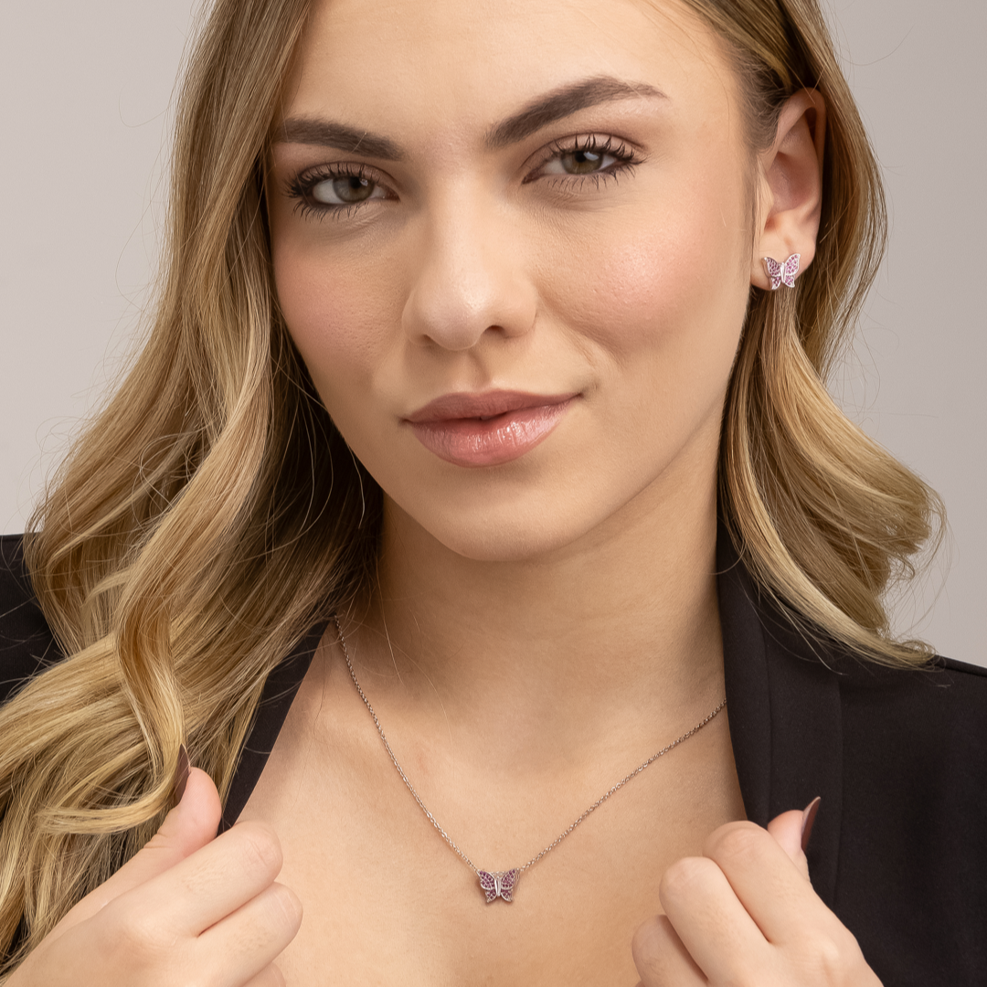 Conjunto Solara Prateado de Borboletas Cravejado de Zircônia Rosa