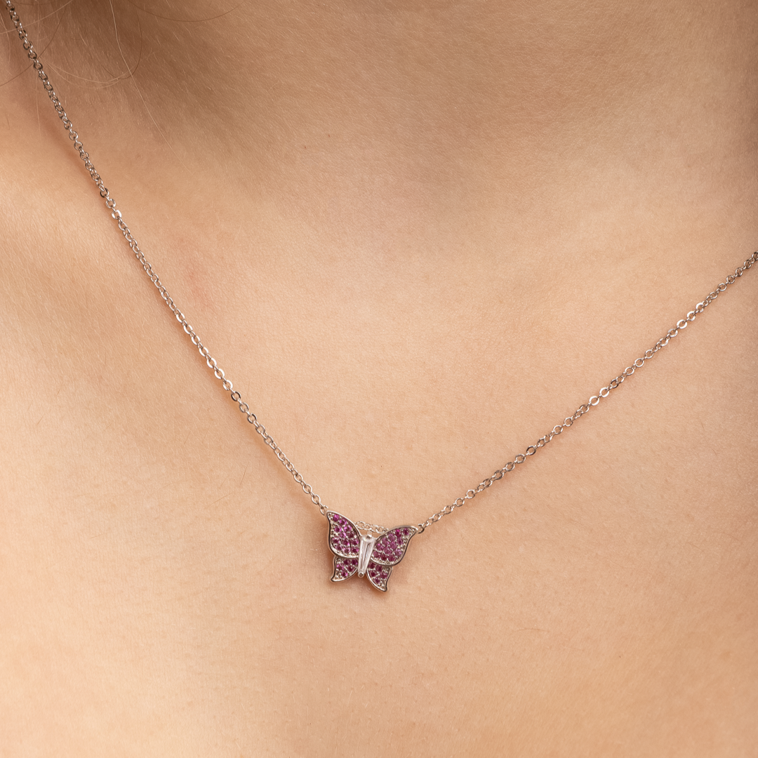 Conjunto Solara Prateado de Borboletas Cravejado de Zircônia Rosa