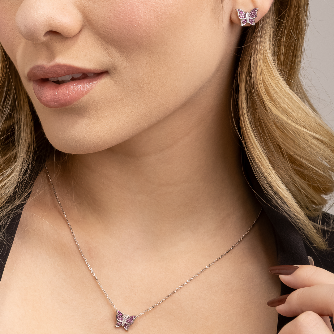 Conjunto Solara Prateado de Borboletas Cravejado de Zircônia Rosa