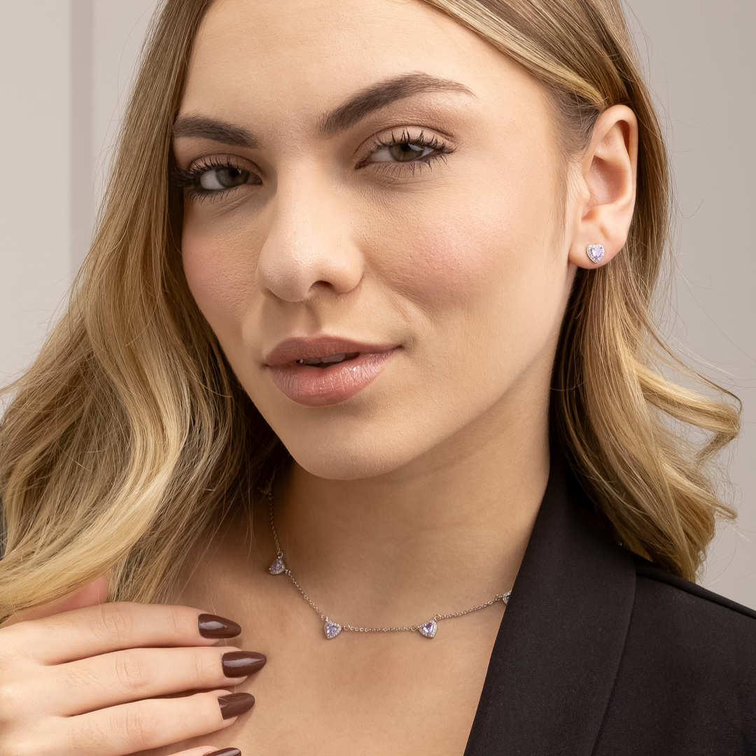 Conjunto Renata Prateado de Coração Lilás Cravejado de Zircônia