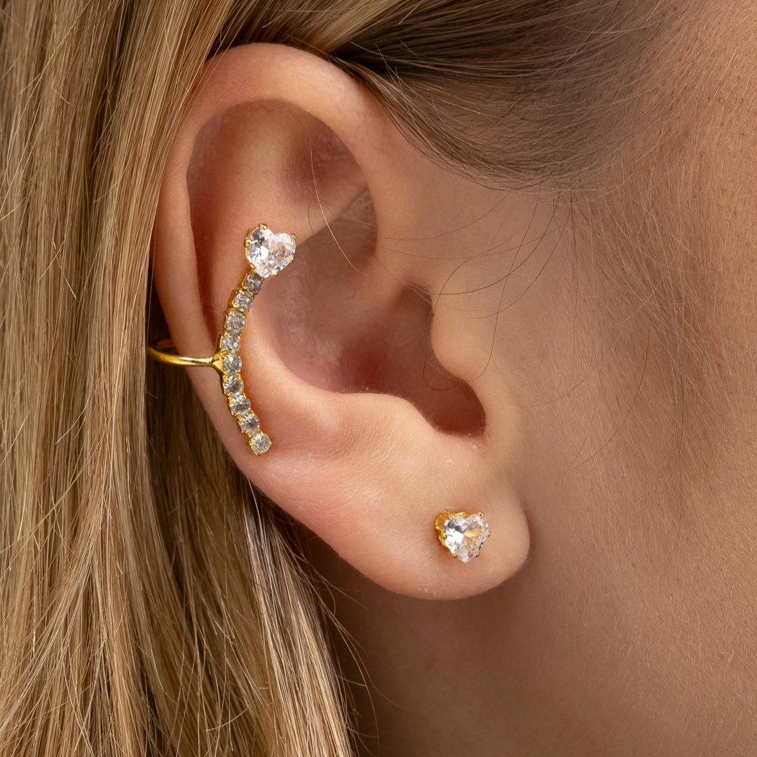 Piercing Malu Dourado Earcuff Coração Cravejado de Zircônia Com Brinco