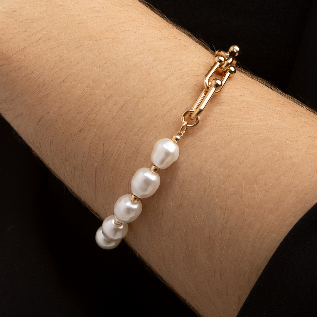 Pulseira Sienna Dourada de Corrente com Pérolas Amassadas
