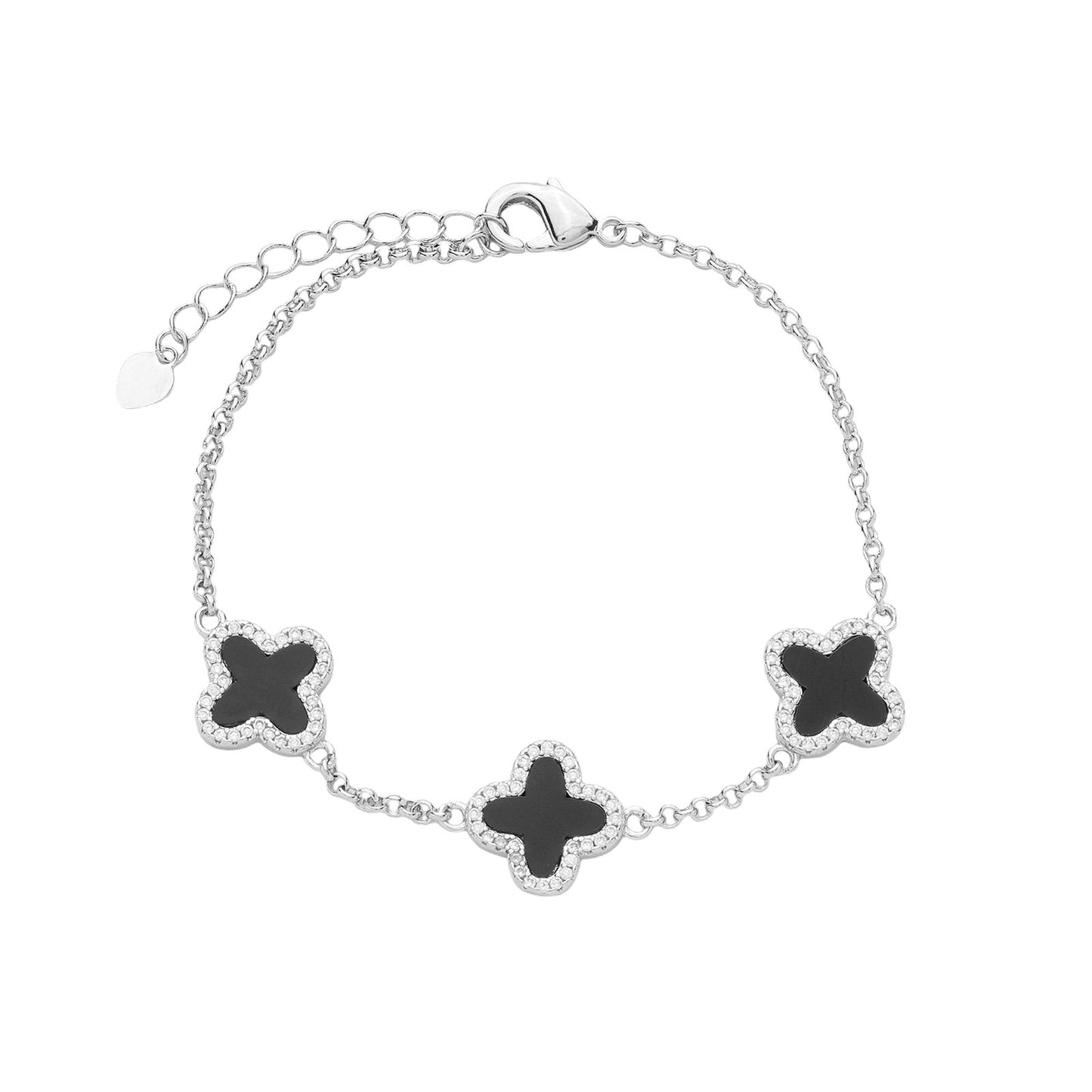 Pulseira Zoe Prateada de Trevos Pretos Cravejados de Zircônia