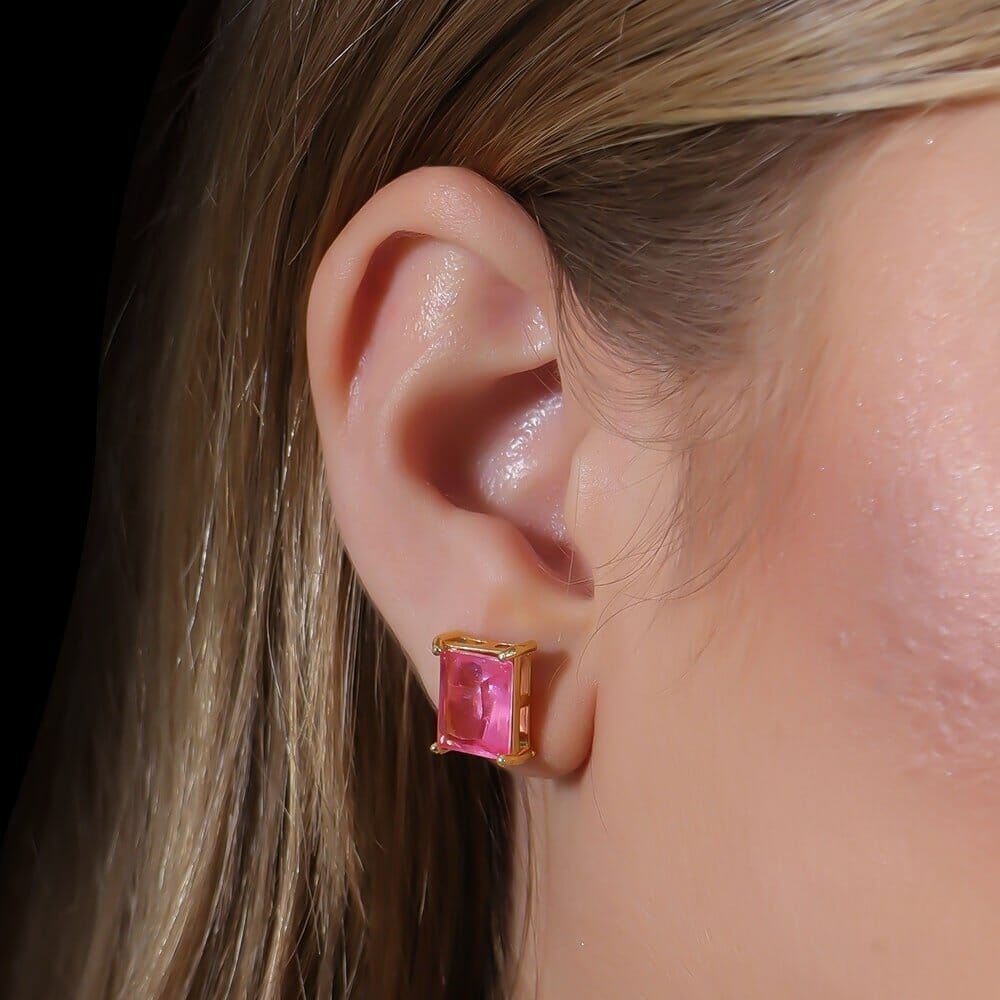Brinco Dourado de Pedra Retangular Rosa Brincos Hub Joias