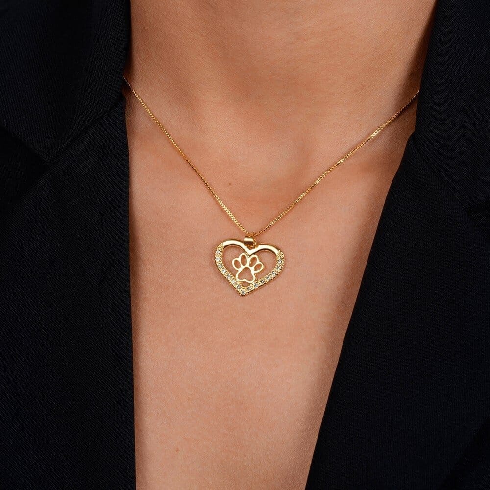 Colar Dourado Chocker de Coração e Pata Pet Zircônia Colares Hub Joias