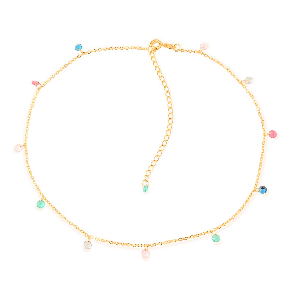 Colar Dourado Chocker Pontos de Luz Coloridos Cristais Colares Hub Joias