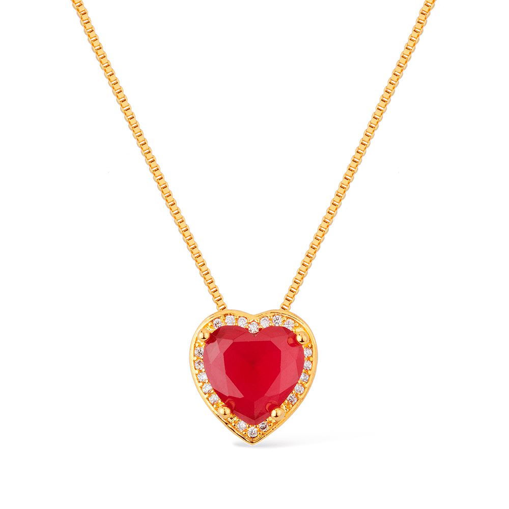 Colar Dourado de Pedra Natural Vermelha Coração Cravejado de Zircônia Colares Hub Joias