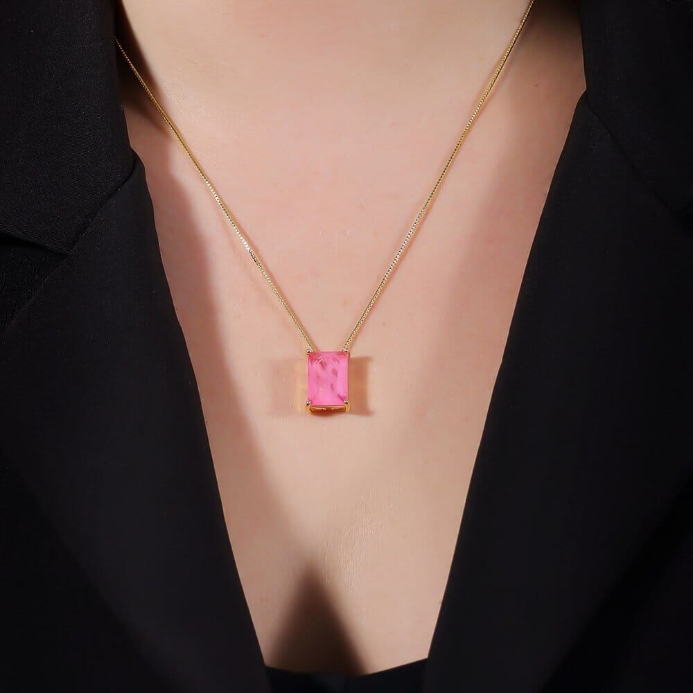 Colar Dourado de Pedra Retangular Rosa Colares Hub Joias