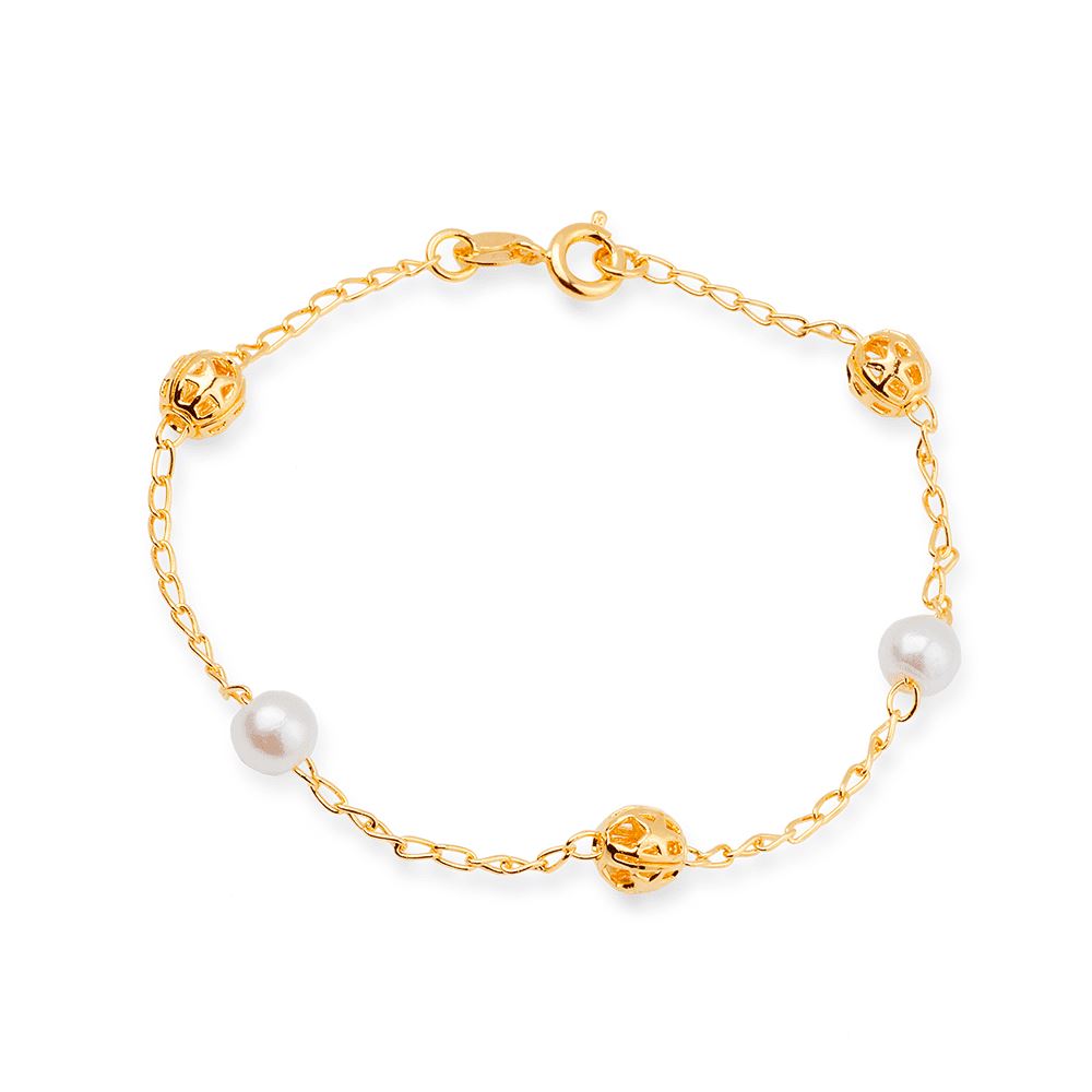 Pulseira Dourada de Pérolas e Esferas Vazadas Pulseiras Hub Joias