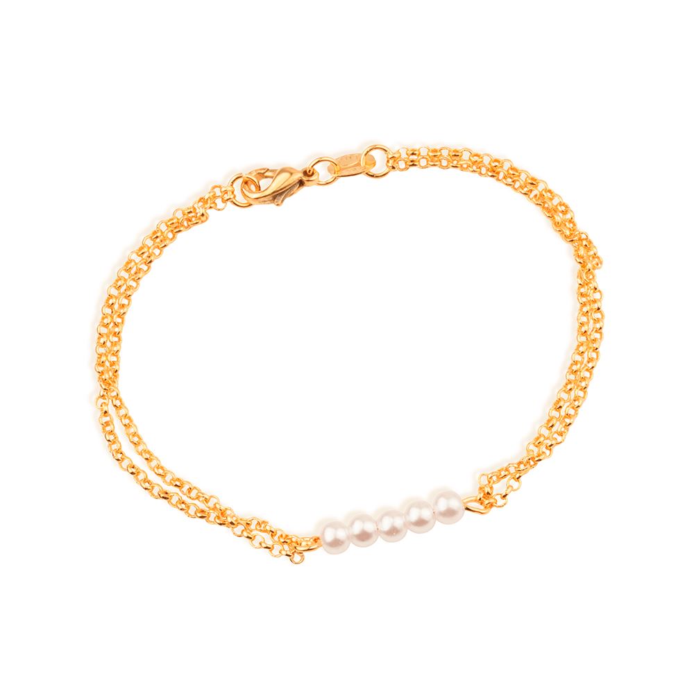 Pulseira Dourada Dupla Elo Português com Pérolas Pulseiras Hub Joias