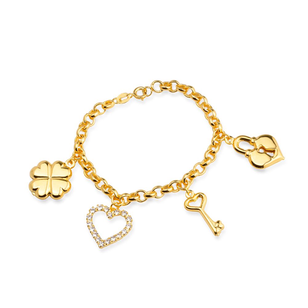 Pulseira Dourada Elo Português com Coração, Cadeado, Trevo e Chave Pulseiras Hub Joias
