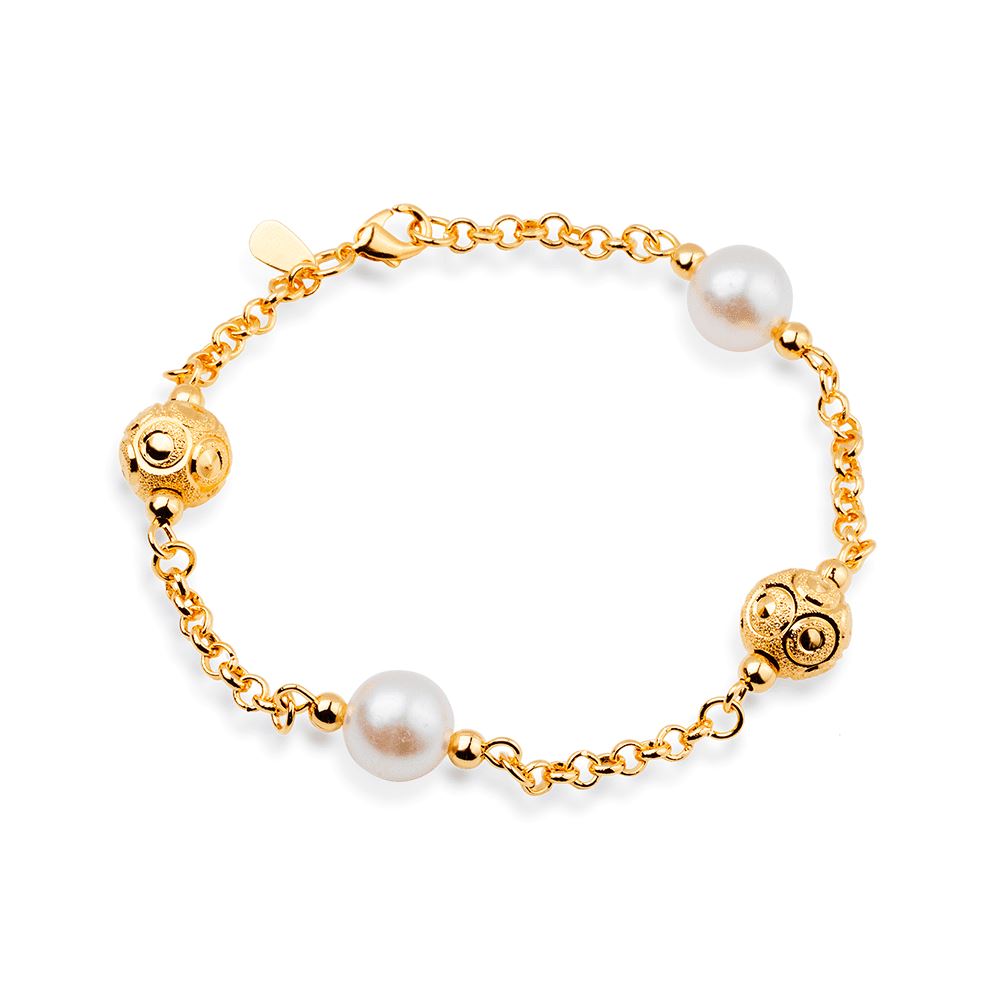 Pulseira Dourada Elo Português com Pérolas e Esferas Vazadas Pulseiras Hub Joias