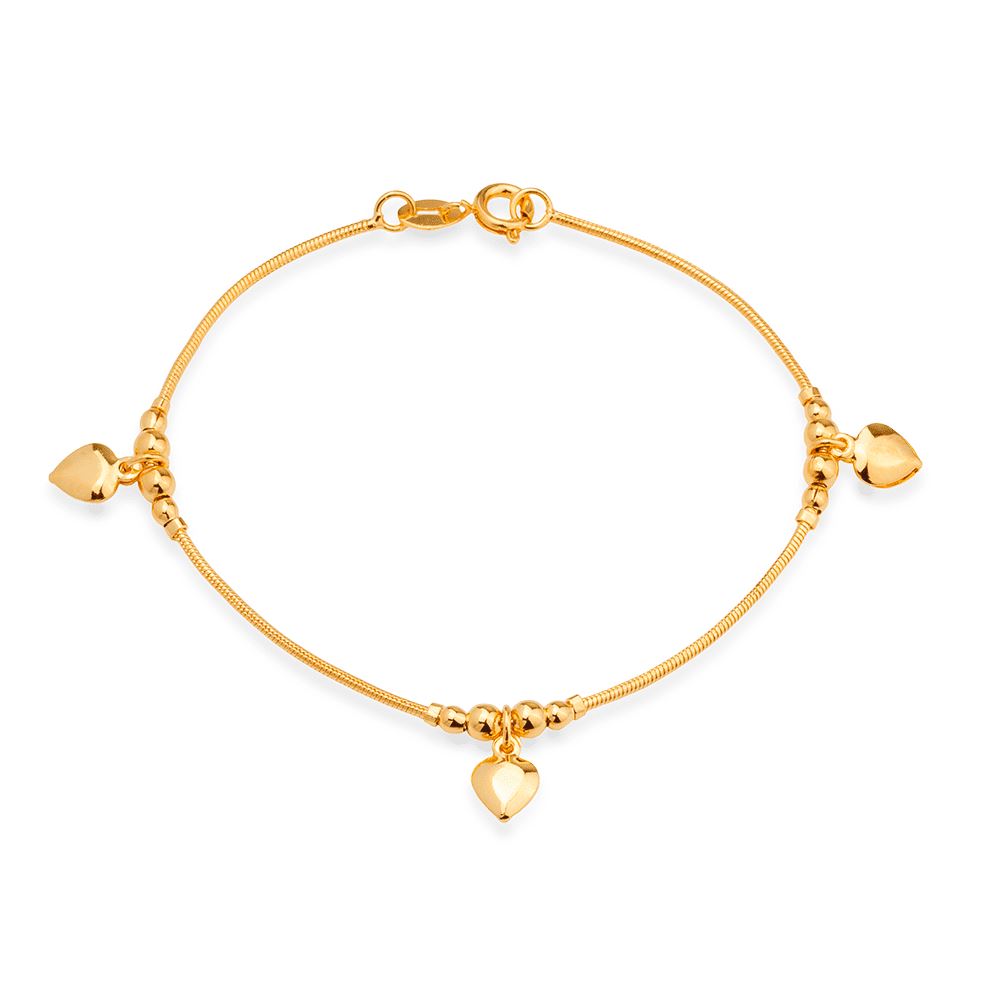 Pulseira Dourada Lisa com 3 Pingentes de Coração Pulseiras Hub Joias