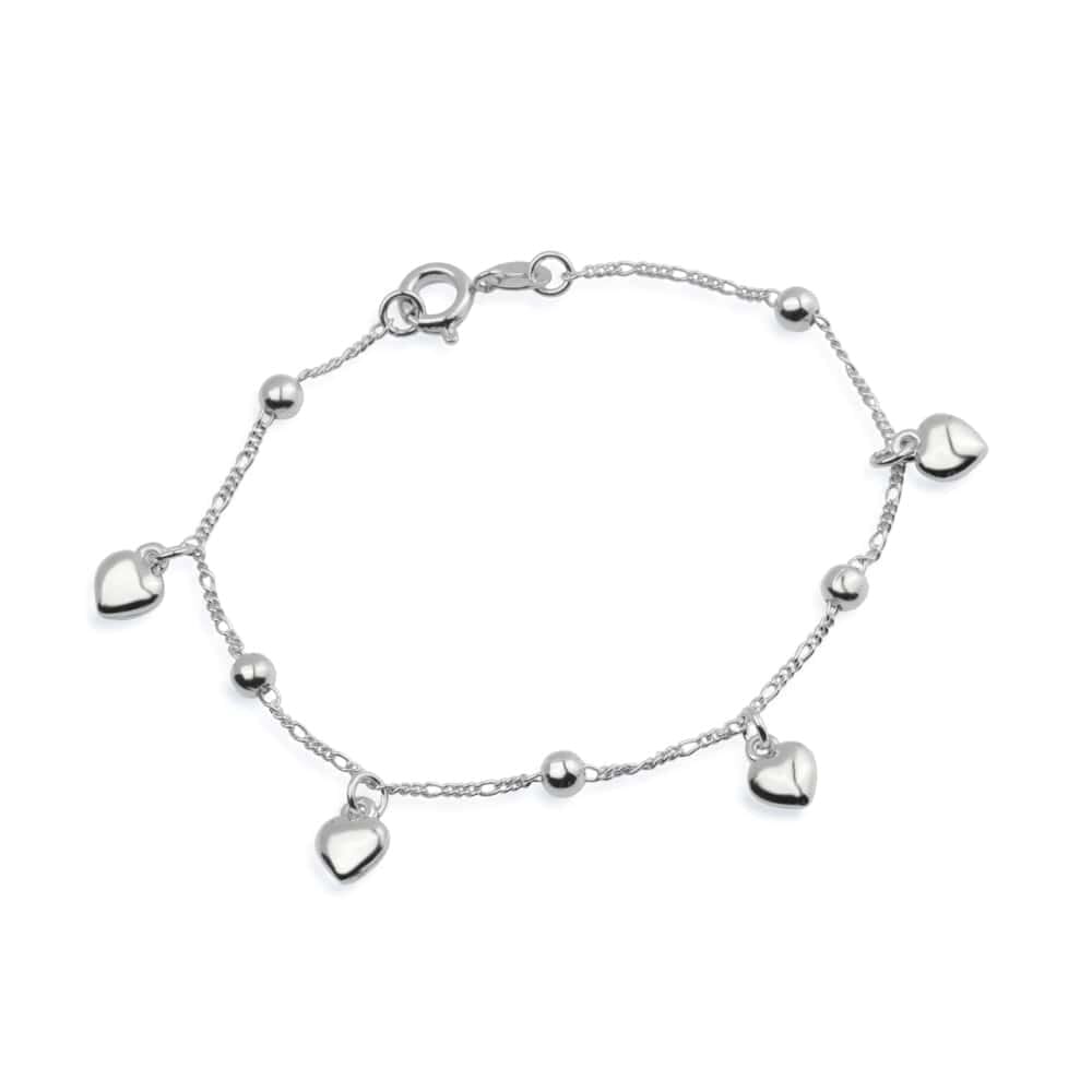 Pulseira Prateada com Pingentes de Coração e Esferas Pulseiras Hub Joias