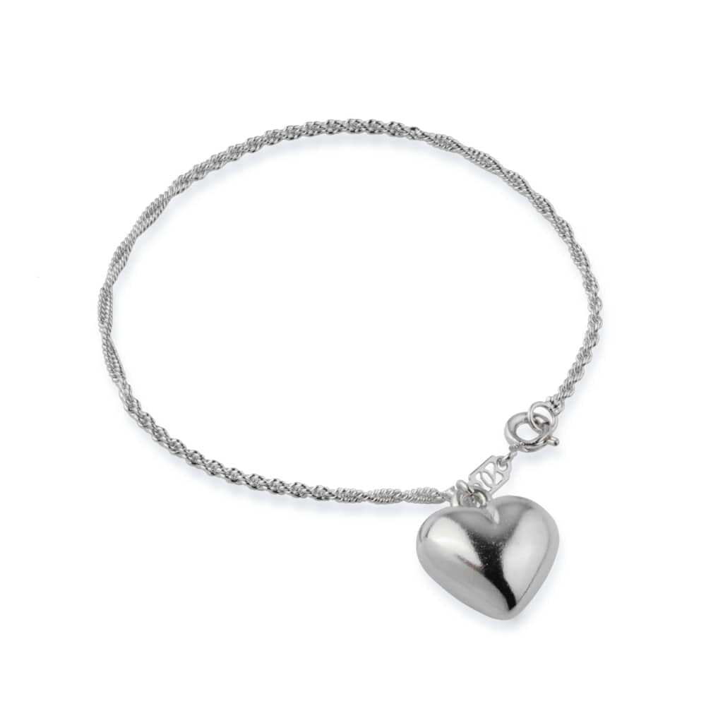Pulseira Prateada de Cordão Baiano com Coração Pulseiras Hub Joias