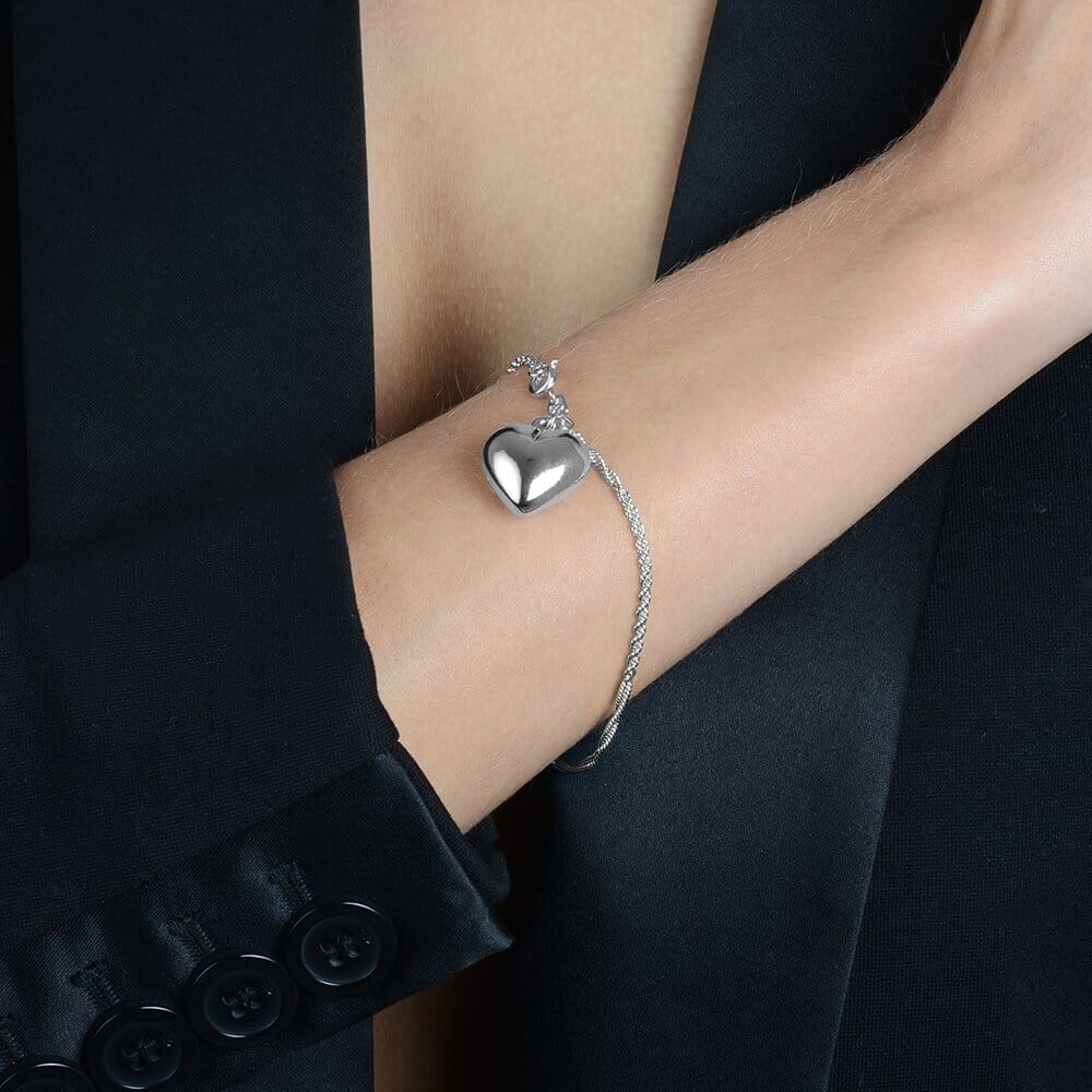 Pulseira Prateada de Cordão Baiano com Coração Pulseiras Hub Joias