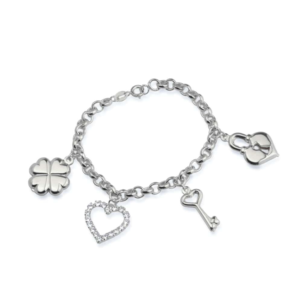 Pulseira Prateada Elo Português com Coração, Cadeado, Trevo e Chave Pulseiras Hub Joias