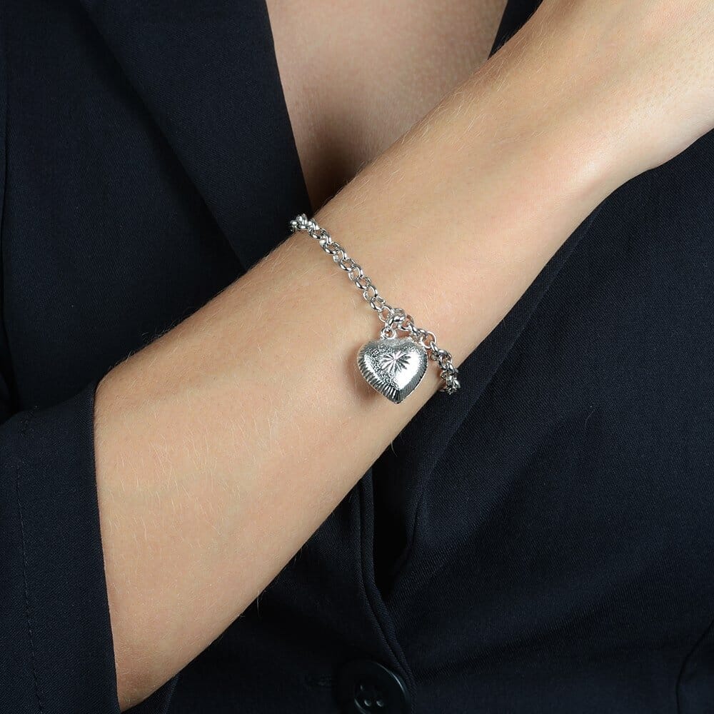 Pulseira Prateada Elo Português com Coração Pulseiras Hub Joias