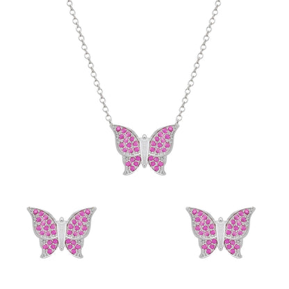 Conjunto Solara Prateado de Borboletas Cravejado de Zircônia Rosa