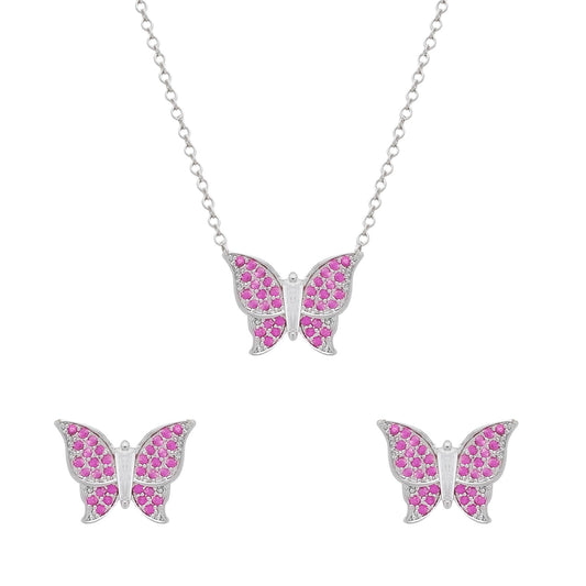 Conjunto Solara Prateado de Borboletas Cravejado de Zircônia Rosa