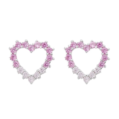 Conjunto Samira Prateado de Coração Vazado Cravejado de Zircônia Rosa Dois Tons