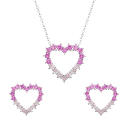 Conjunto Samira Prateado de Coração Vazado Cravejado de Zircônia Rosa Dois Tons