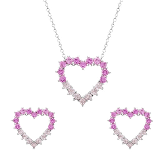 Conjunto Samira Prateado de Coração Vazado Cravejado de Zircônia Rosa Dois Tons