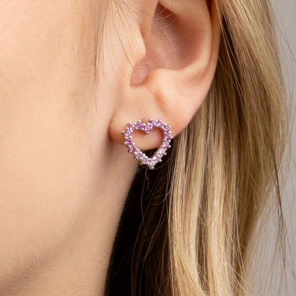 Conjunto Samira Prateado de Coração Vazado Cravejado de Zircônia Rosa Dois Tons