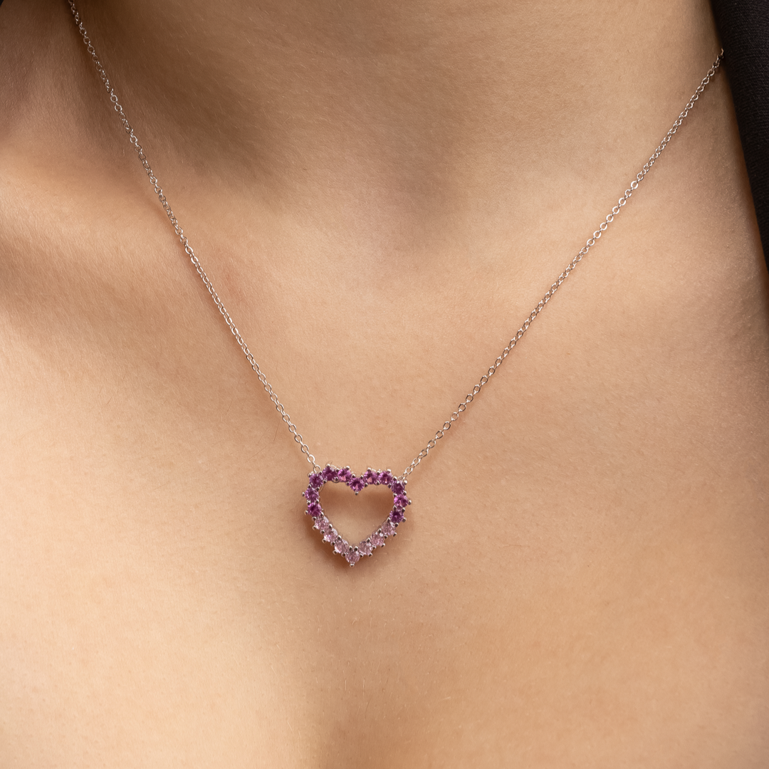 Conjunto Samira Prateado de Coração Vazado Cravejado de Zircônia Rosa Dois Tons
