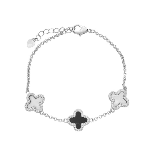 Pulseira Damaris Prateada de Trevos Pretos e Brancos Cravejados de Zircônia