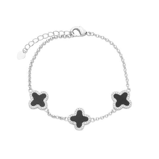 Pulseira Zoe Prateada de Trevos Pretos Cravejados de Zircônia