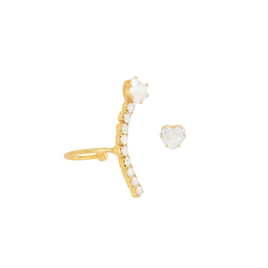 Piercing Malu Dourado Earcuff Coração Cravejado de Zircônia Com Brinco