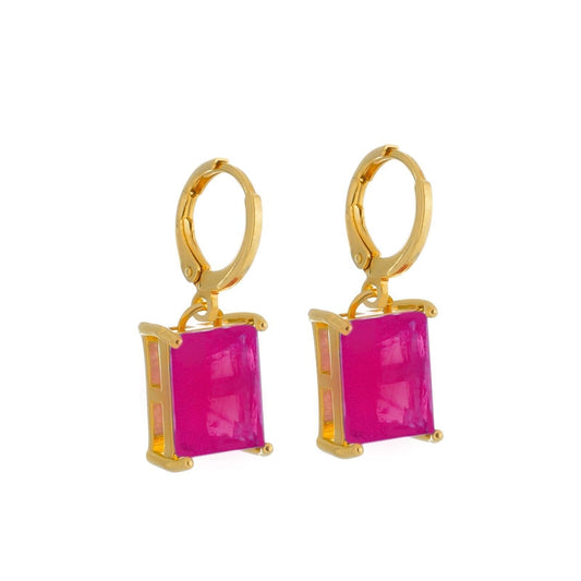 Brinco Dourado Argolinha Pedra Retangular Rosa Brincos Hub Joias 