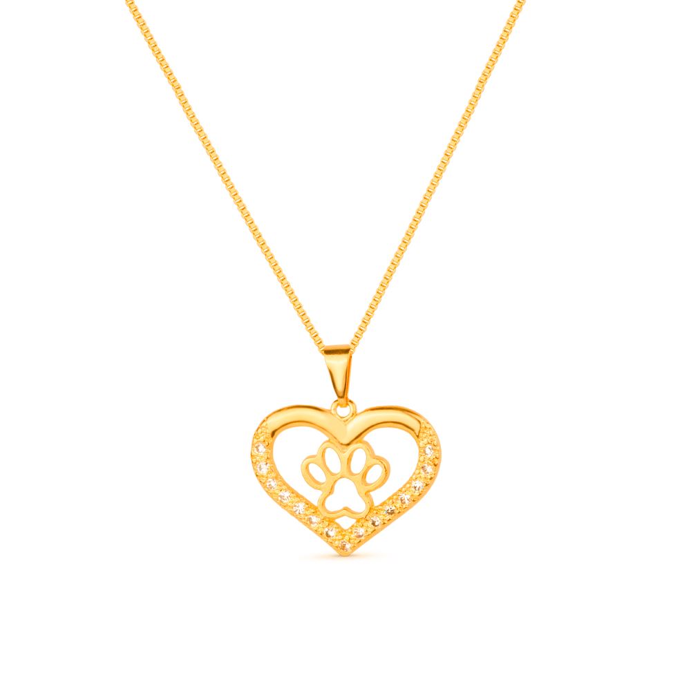 Colar Dourado Chocker de Coração e Pata Pet Zircônia Colares Hub Joias 