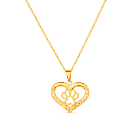 Colar Dourado Chocker de Coração e Pata Pet Zircônia Colares Hub Joias 