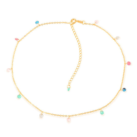 Colar Dourado Chocker Pontos de Luz Coloridos Cristais Colares Hub Joias 