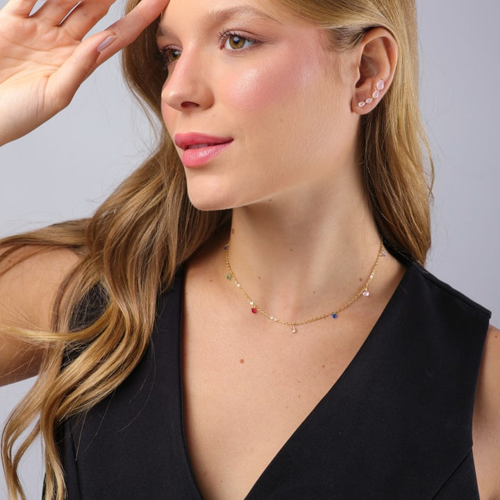 Colar Amarílis Dourado Chocker Pontos de Luz Coloridos Cristais - Fonttani