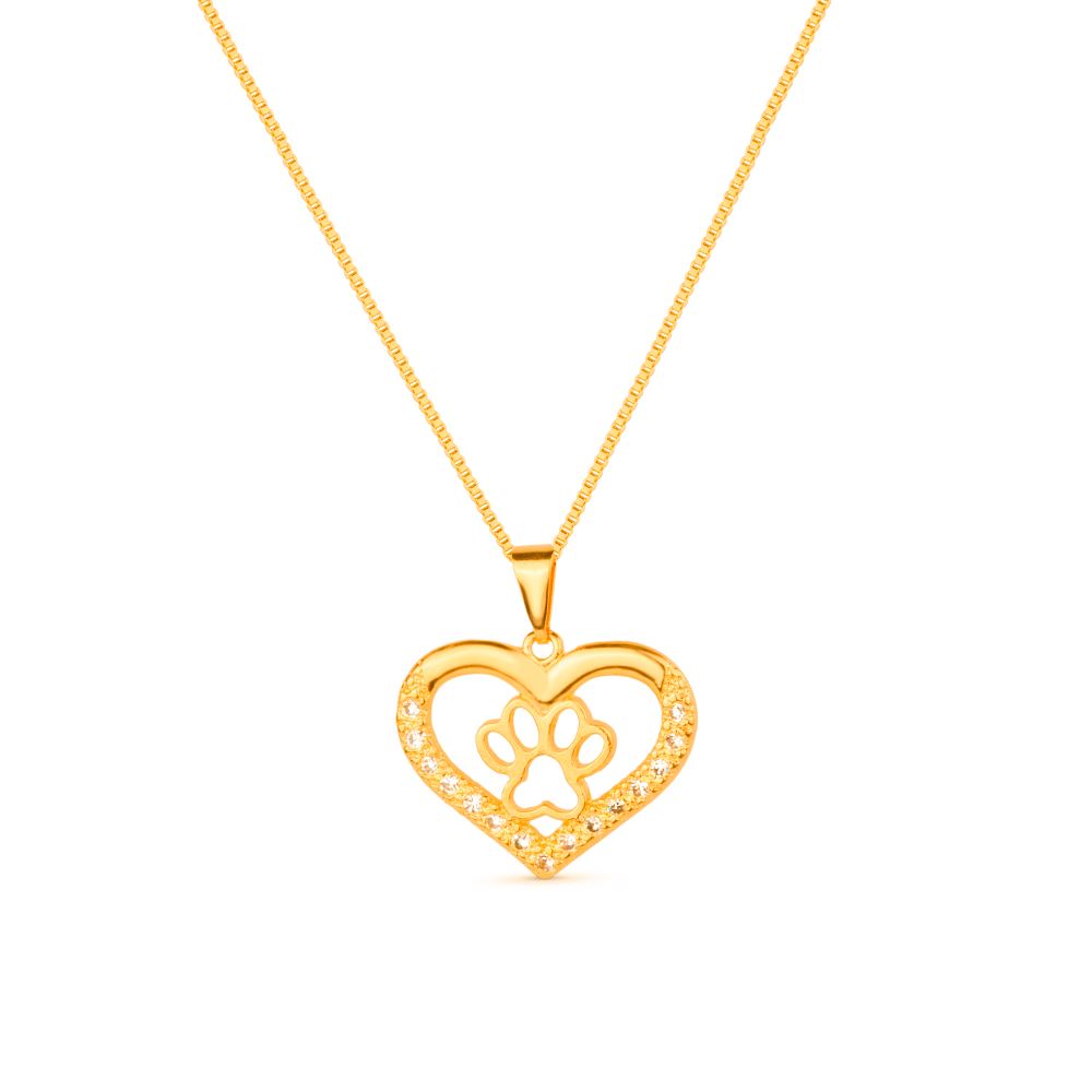 Colar Dourado Chocker de Coração e Pata Pet Zircônia - Fonttani