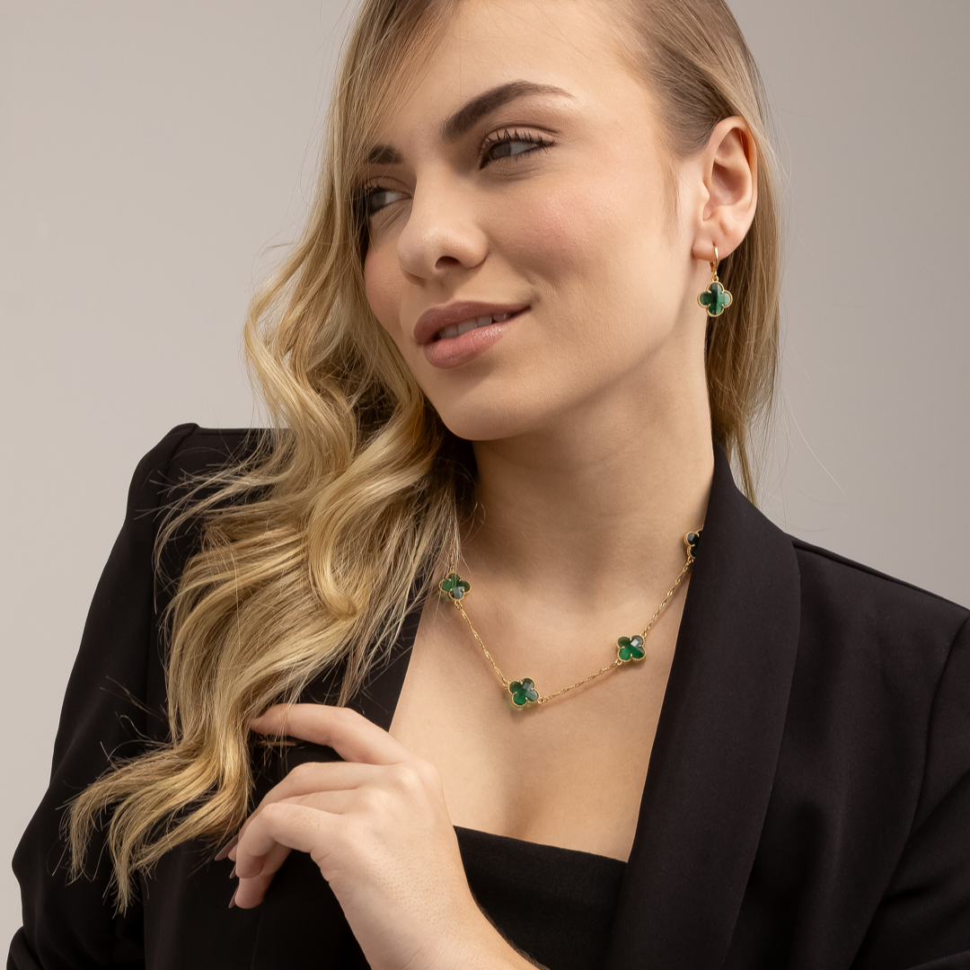 Colar Emeline Dourado 5 Trevos Verde - Fonttani