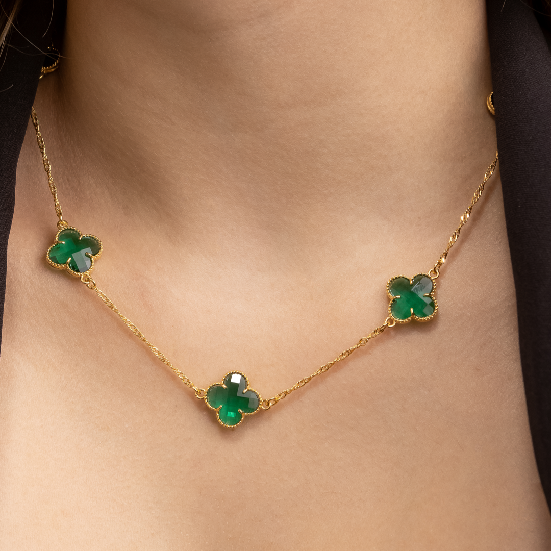Colar Emeline Dourado 5 Trevos Verde - Fonttani