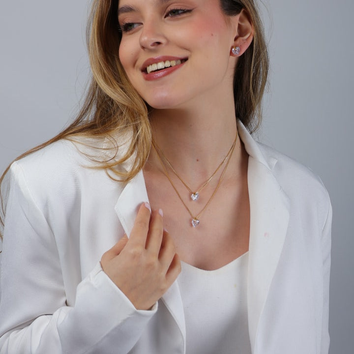 Colar Millan Dourado Duplo de Coração em Cristal - Fonttani