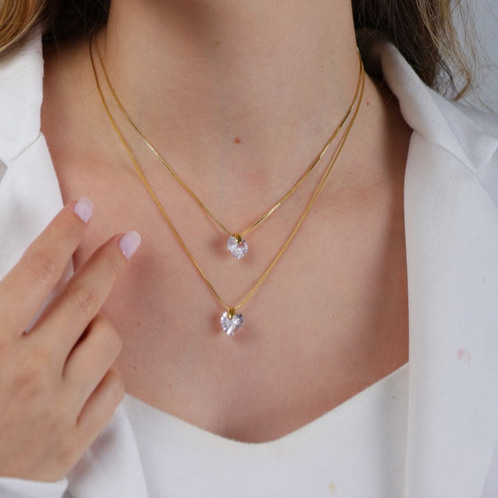 Colar Millan Dourado Duplo de Coração em Cristal - Fonttani