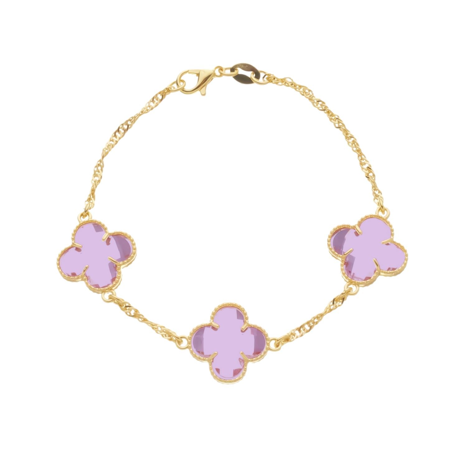 Pulseira Emeline Dourada Trevos Zircônia Rosa - Fonttani