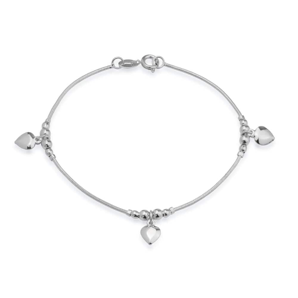 Pulseira Pretty Prateada Lisa com 3 Pingentes de Coração - Fonttani