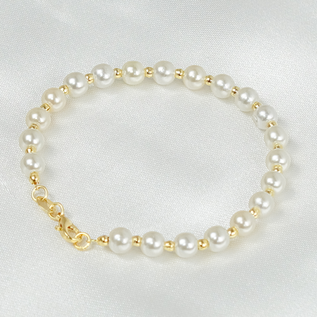 Pulseira Rominna Dourada de Pérolas e Bolinhas - Fonttani