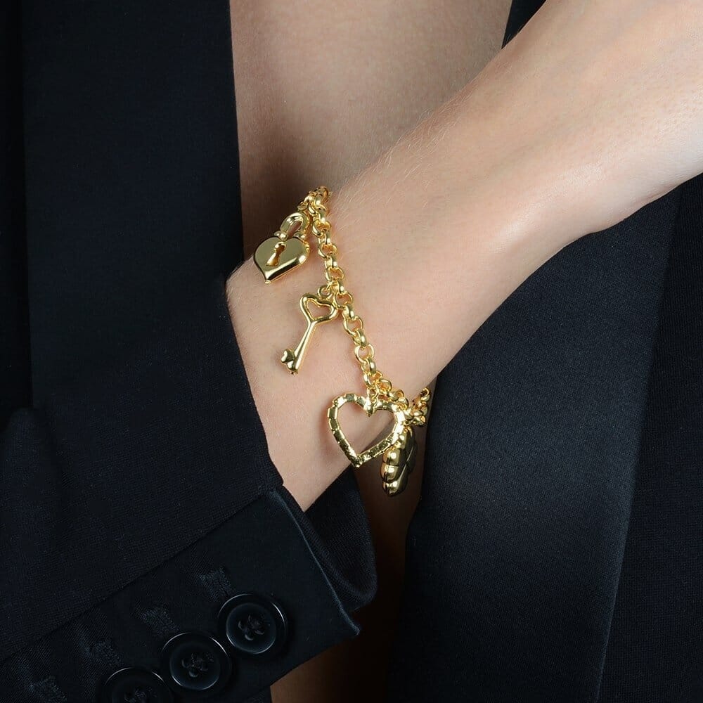 Pulseira Ruby Dourada Elo Português com Coração, Cadeado, Trevo e Chave - Fonttani